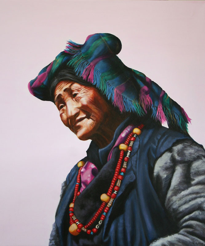 Tibet Alte Frau Mit Kariertem Kopftuch
